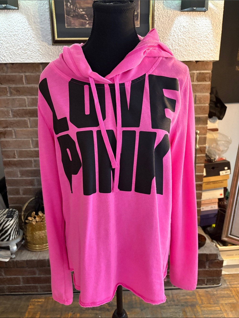 PINK Victoria's Secret Hot Pink Hoodie with Black 'LOVE PINK' Graphic